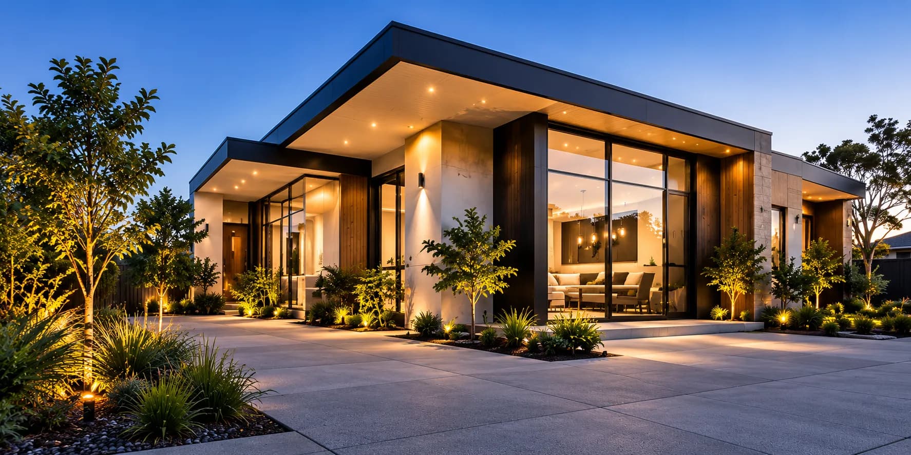 AI-generated design imagery of a contemporary luxury home with warm lighting at dusk